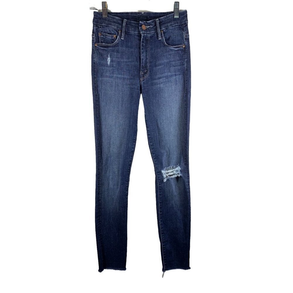 MOTHER High Waisted Looker Ankle Fray Jeans Distressed Dark Wash Size 24